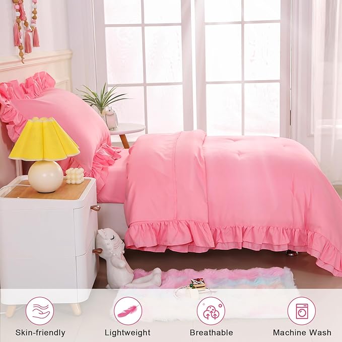 Wowelife Toddler Bedding Set for Girls 4 Piece Ruffle Boho Tufted Fringe Pink - Image 6