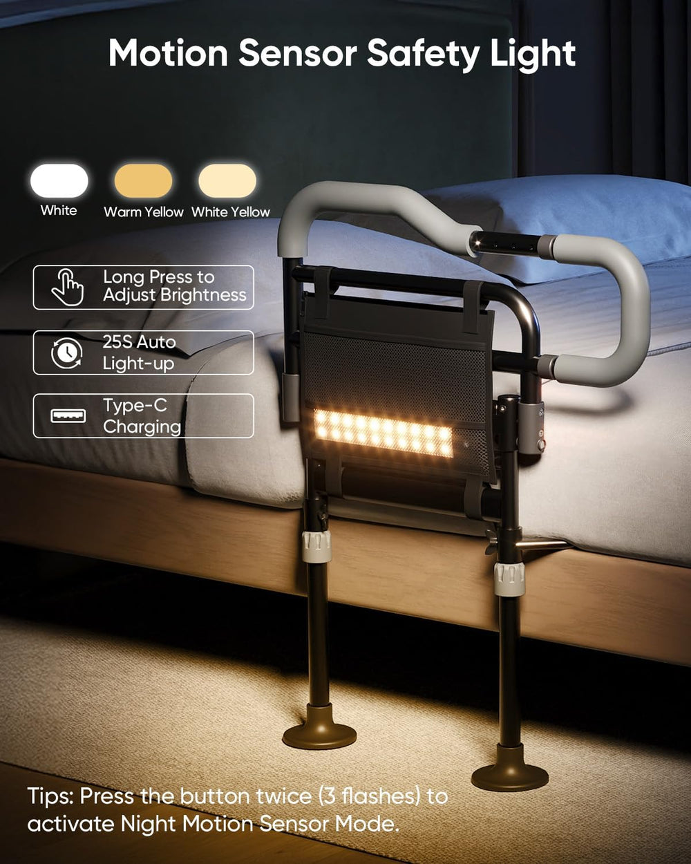 Bed Rails for Elderly Adults Safety, Foldable Bed Rail with Non-Slip Handle