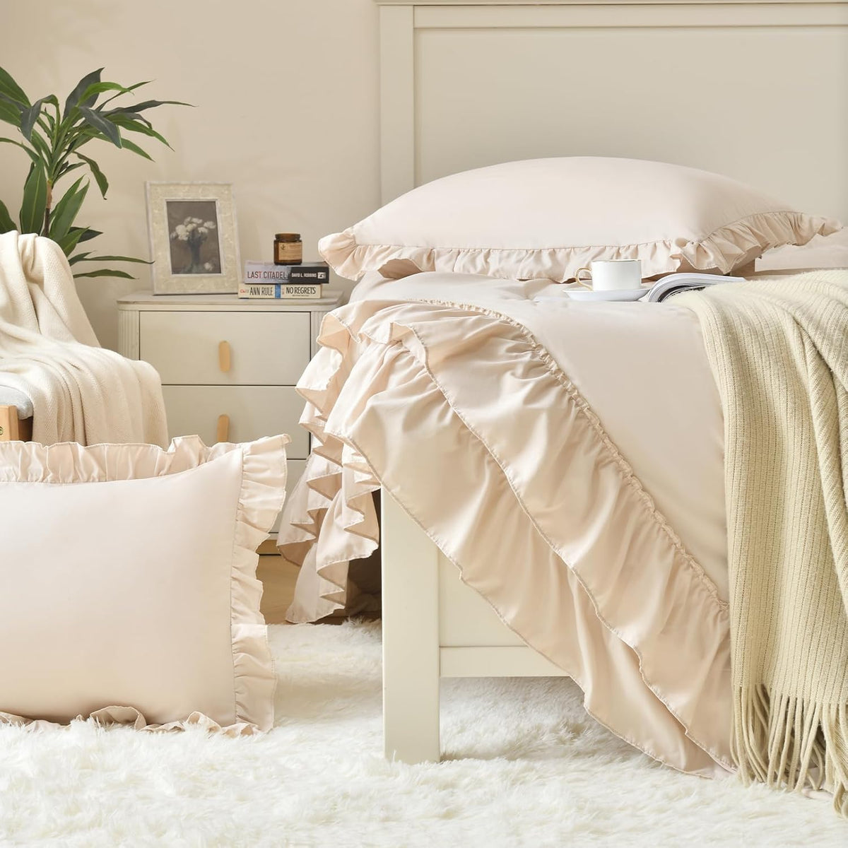 cupocupa beige queen comforter set, 3pcs comforters ruffle on a desk or shelf
