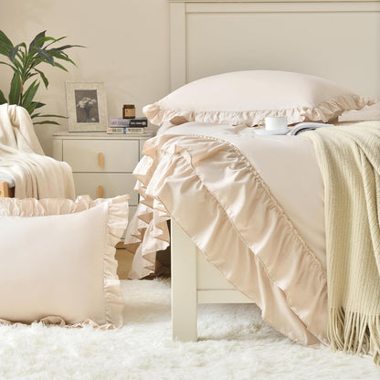 cupocupa beige queen comforter set, 3pcs comforters ruffle on a desk or shelf