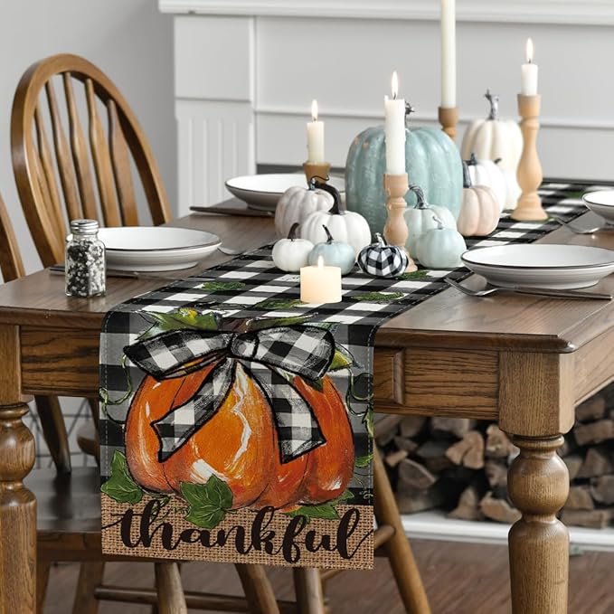 Artoid Mode Buffalo Plaid Bowknot Pumpkin Thankful Fall Table Runner, Autumn - Image 3