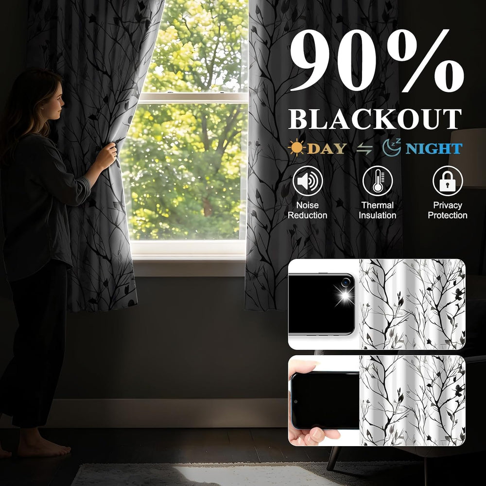 Grey Watercolor Branchs Room Darkening Curtains 63 Inches Length Black White ...