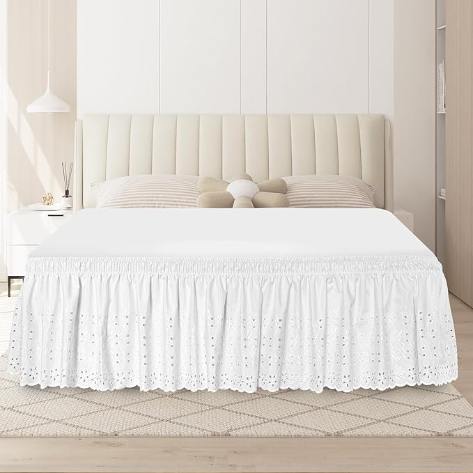 Queen Bed Skirt, Wrap-Around Elastic Ruffled Eyelet Bed Skirt Queen Size Dust by ANARACHON