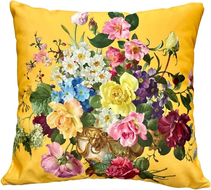 Yellow Floral Pillow Covers 18x18, Vintage Flower Plush Throw Pillow Case by whooplaArt