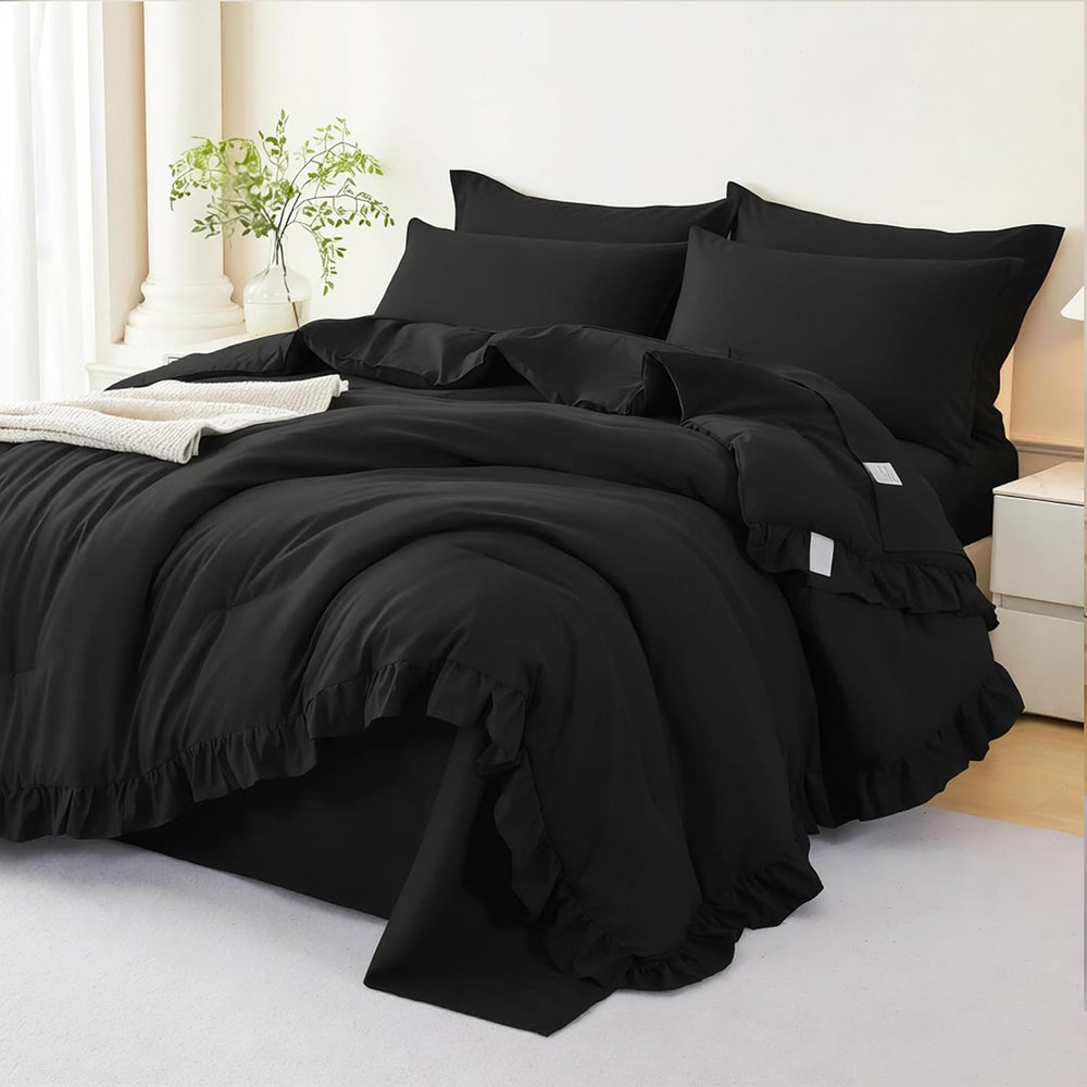 ANGIYUIN Black Queen Size Comforter Set 5Pcs Ruffle Bed in A Bag