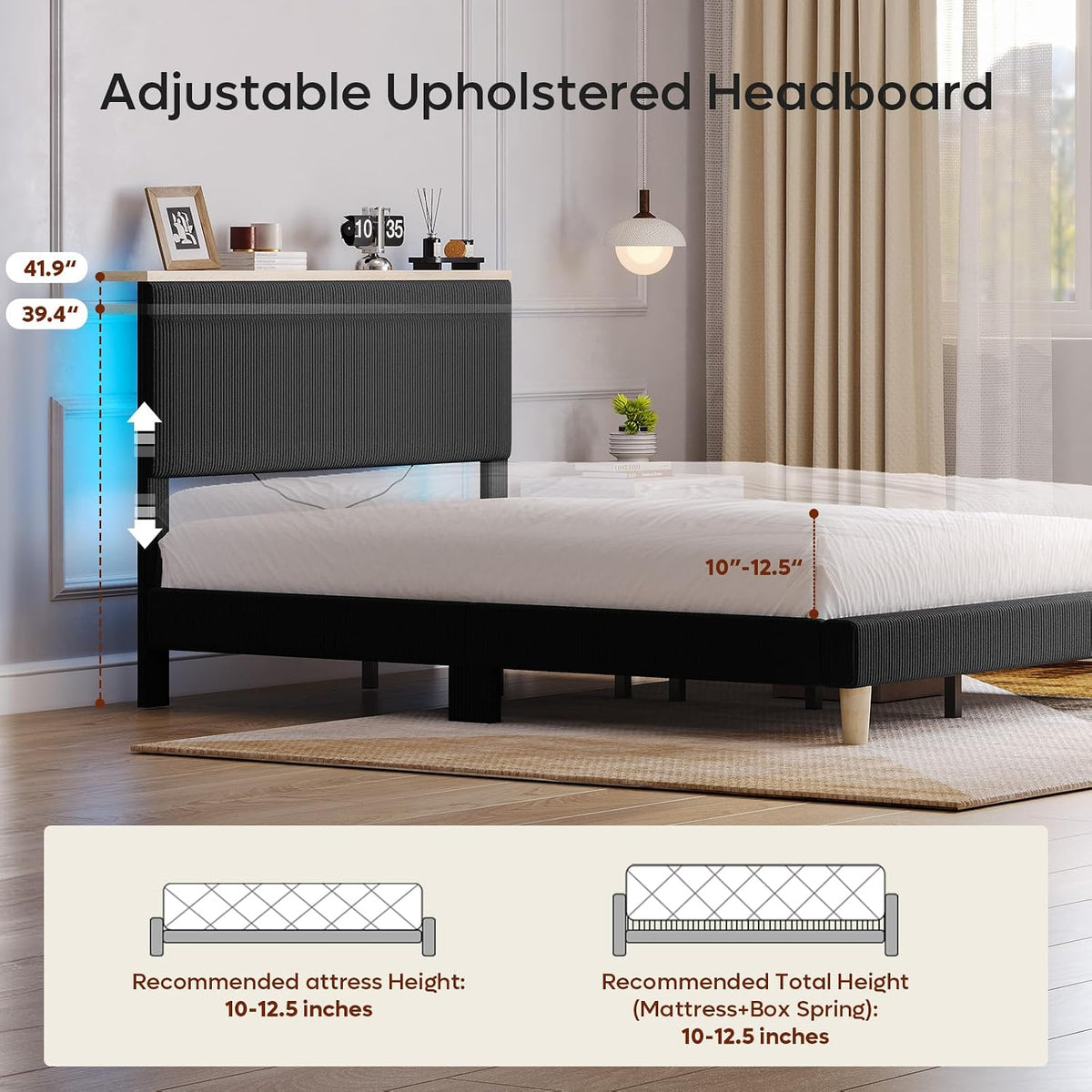 bestier queen bed frame with adjustable headboard &, close-up detail