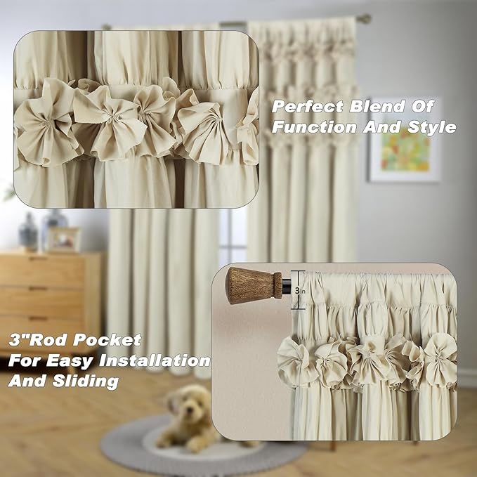 Camel Blackout Curtains with Handmade Ruffles, Butterfly Flower Embellishments - Image 4