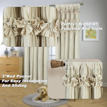 Camel Blackout Curtains with Handmade Ruffles, Butterfly Flower Embellishments - Image 4