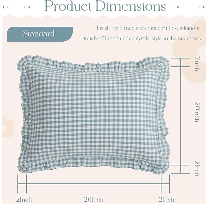 KKJIAF 2 Pcs Plaid Ruffle Pillow Case Standard Size, Cotton Gingham Ruffled - Image 2