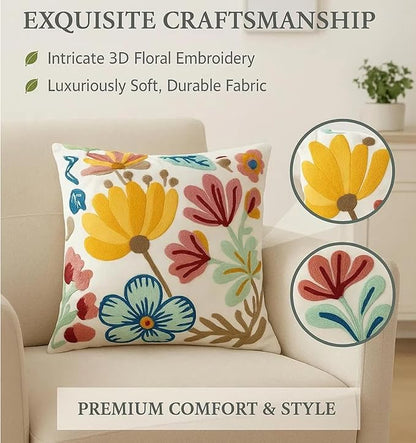 18x18 Embroidered Throw Pillow Cover – White Pumpkin Blossom Cotton Decorative - Image 4