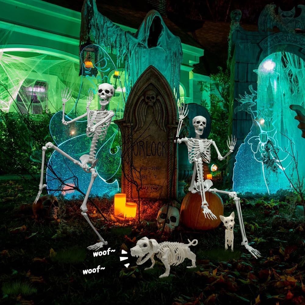 5.4ft Halloween Full Size Skeleton with Dog Cat for Haunted Party Decor