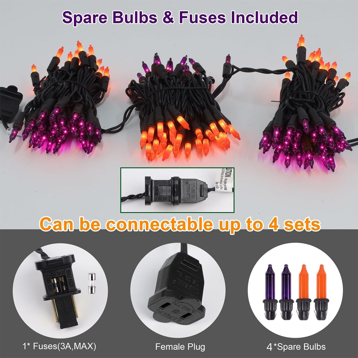 LJLNION 3 Sets Halloween Lights, 29ft 150 Count Black Wire Fairy Mini Lights, 120V UL Certified Incandescent Light String, Connectable for Garden Patio Holiday Party Outdoor Decor, Orange & Purple