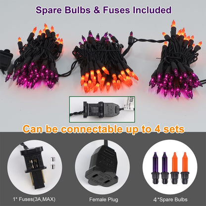 LJLNION 3 Sets Halloween Lights, 29ft 150 Count Black Wire Fairy Mini Lights, 120V UL Certified Incandescent Light String, Connectable for Garden Patio Holiday Party Outdoor Decor, Orange & Purple