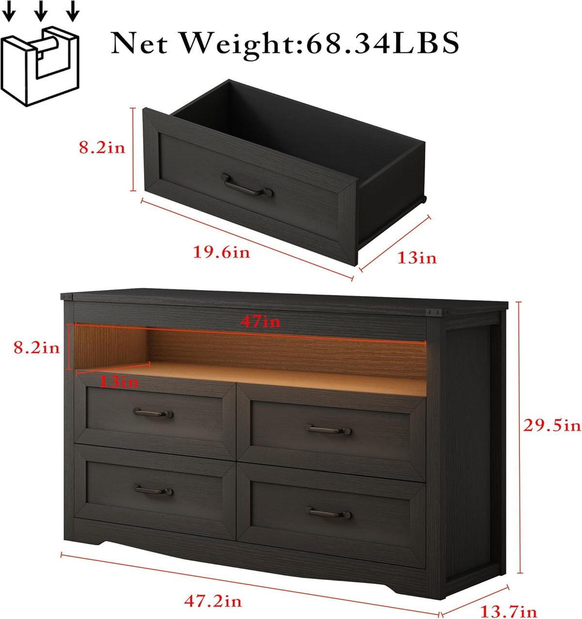 wodeer black dresser for bedroom, wood 4 drawer shown in use