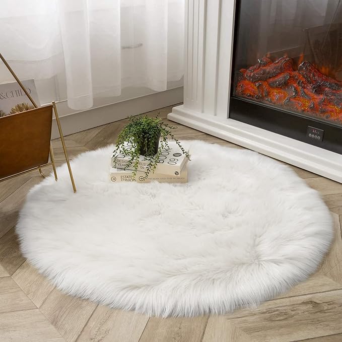 Latepis White Round Rug 3ft Faux Sheepskin Fur Fluffy Circle Rugs - Image 2