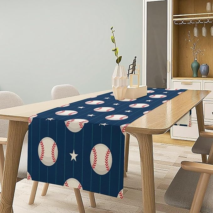 Sports Table Runner, Baseball Patterns Striped Stars Design Dinner Runner Table - Image 2