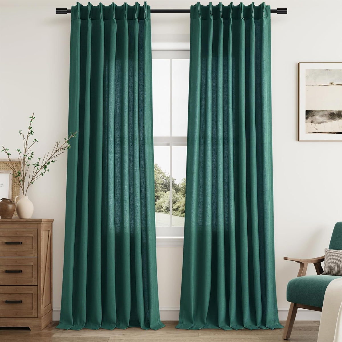 aersas dark green pinch pleated linen curtains 96, main product view