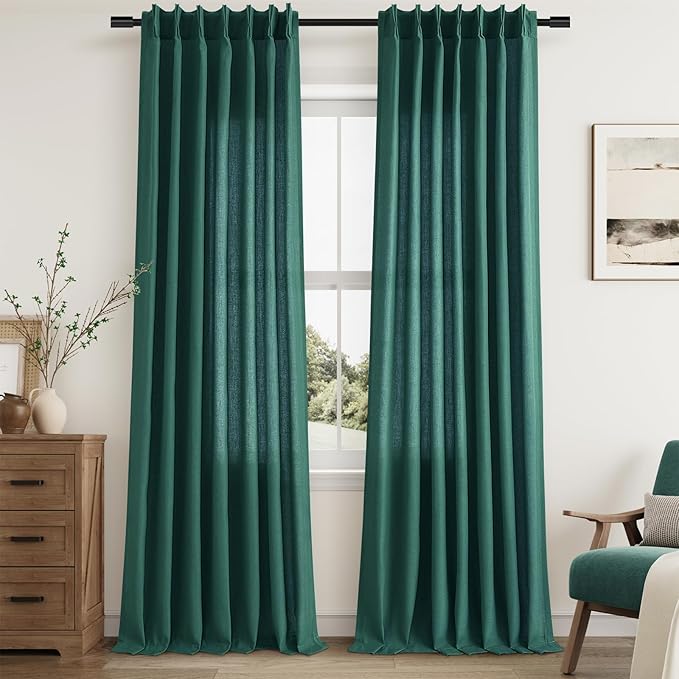 Dark Green Pinch Pleated Linen Curtains 90 Inch Length 2 Panels by Aersas