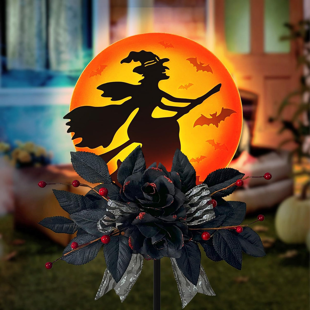 WAIU Solar Witch Scene Garden Stake Lights, Spooky Outdoor Yard Sign for Halloween Festive Decor