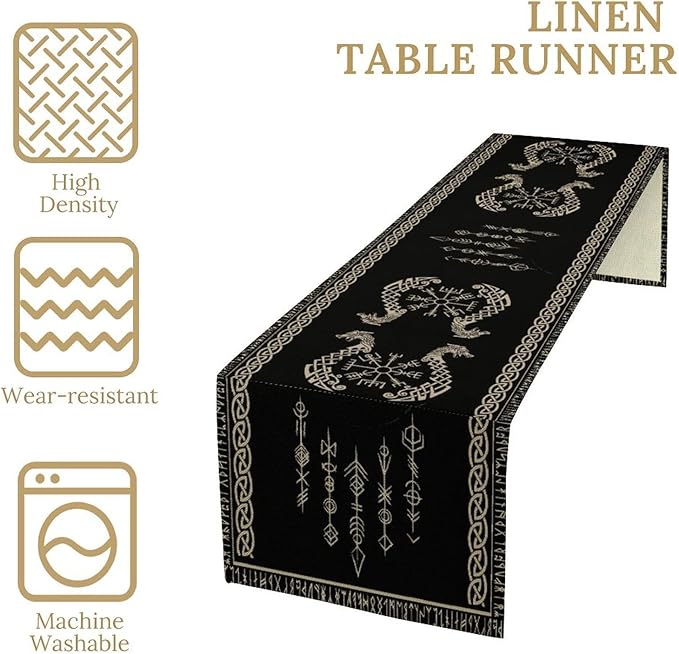 Viking Table Runner, Raven Ancient Rune Dragon Totem Norse Mystical Geometric - Image 6