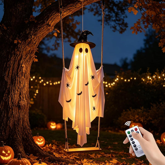 Halloween Decorations Outdoor, 5FT Lighted Swing Ghost Halloween Decoration with Real Wooden Swing, 30 LED Lights, Remote & 8 Modes, Hanging Ghost Decor for Porch Tree Yard Party