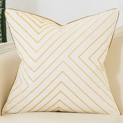 Avigers 18 x 18 Inch White Gold Striped Geometric Lines Embroidery Velvet by Avigers