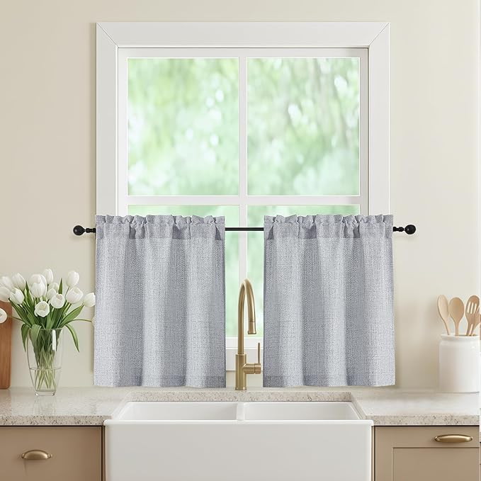 Grey Kitchen Curtains 24 Inch Length 2 Panels, Light Filtering Faux Linen by WelvetBLK