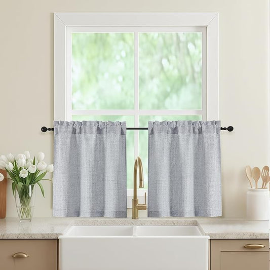 Grey Kitchen Curtains 24 Inch Length 2 Panels, Light Filtering Faux Linen by WelvetBLK