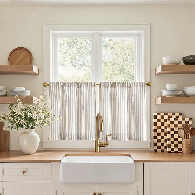jinchan Striped Linen Kitchen Curtains 20 Inches Tier Curtains Farmhouse Modern by JINCHAN
