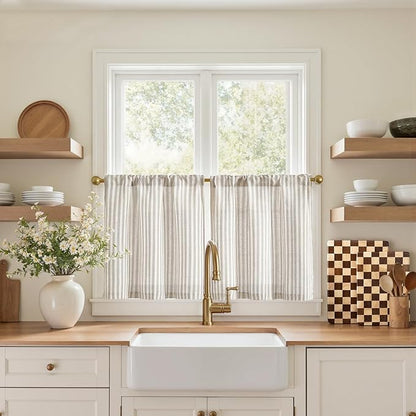 jinchan Striped Linen Kitchen Curtains 20 Inches Tier Curtains Farmhouse Modern by JINCHAN