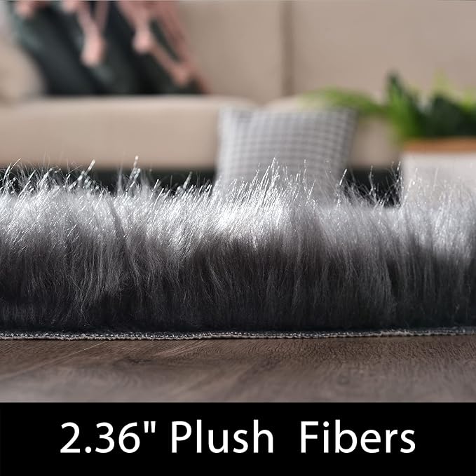 Latepis Dark Grey Fur 3x5 Area Shaggy Bedside Faux Sheepskin Rug - Image 3