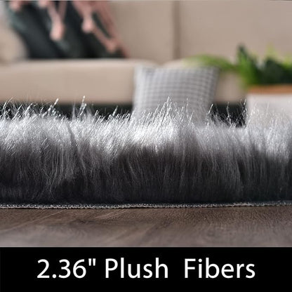 Latepis Dark Grey Round Rugs 5ft Faux Sheepskin Fur Rug - Image 2