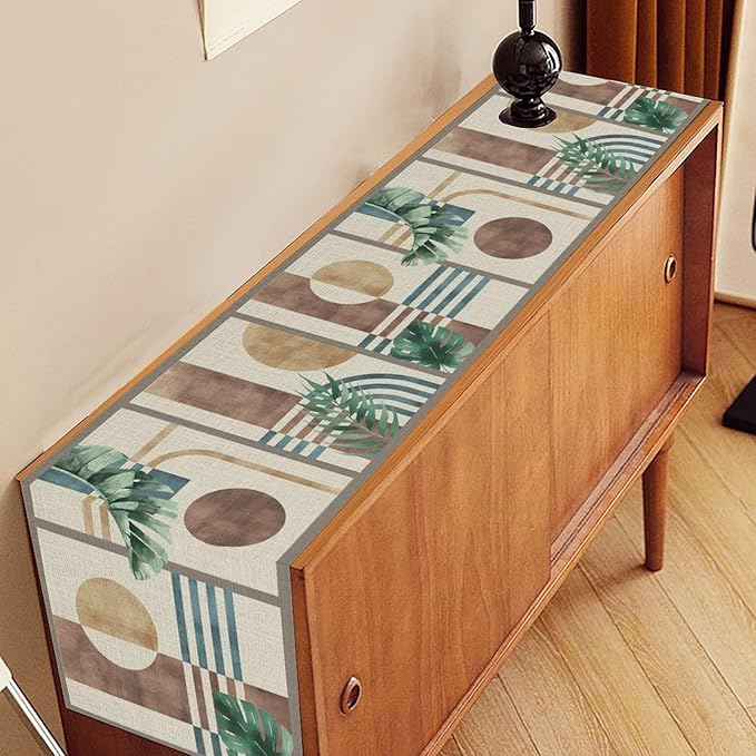 Abstract Mid Century Table Runner, Modern Green Leaves Boho Tropical Plants - Image 3
