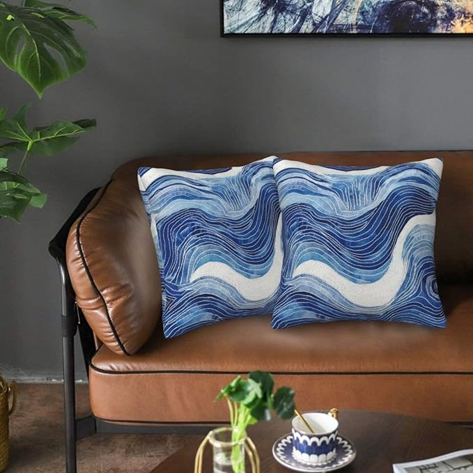 Dark Blue Navy and White Waved Pillow Covers 18x18 Inch Decorative Modern - Image 4