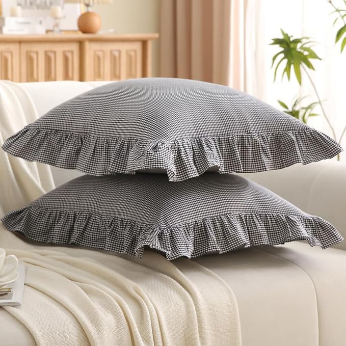Black/White Plaid Ruffle Throw Pillow Covers Shabby Checkered Gingham 18"x18" - Image 3