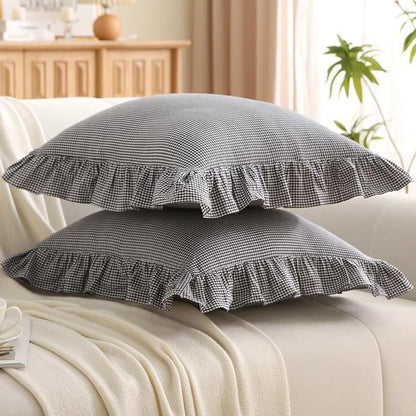 Black/White Plaid Ruffle Throw Pillow Covers Farmhouse Checkered Gingham - Image 3