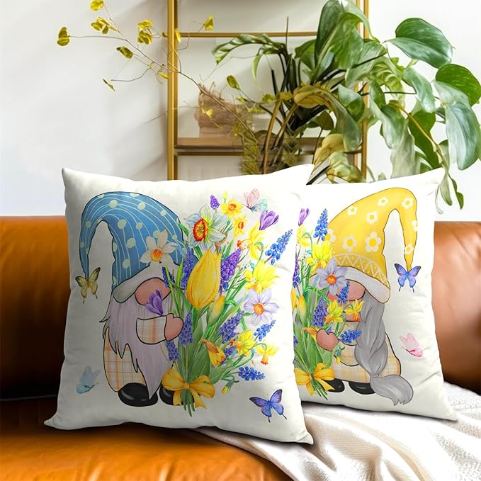 Spring Gnome Decorative Throw Pillow Cover 16x16 Inch Set of 2 Bloom Flower - Image 6