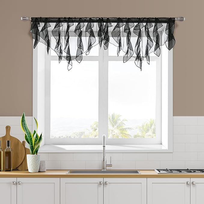 PearAge Ruffled Voile Semi Sheer Curtain Valance, Kitchen Living Room Shabby - Image 6