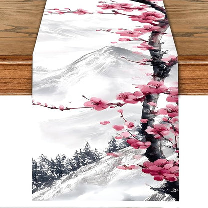 Asian Plum Blossom Table Runner – Elegant Ink Wash Cherry Flower Design – by THISFIND