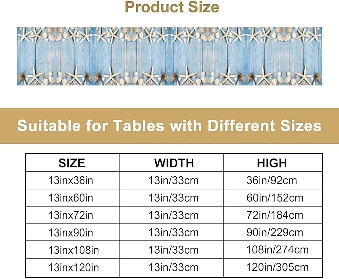 Summer Beach Starfish Table Runner Beach Seashells Blue Rustic Wood Printed - Image 4