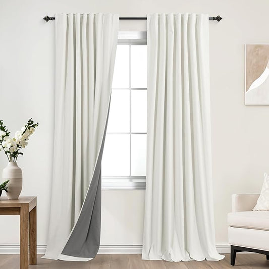 KOUFALL 86 Inch Length Ivory Back Tab Linen Blackout Curtainsfor Living Room by KOUFALL