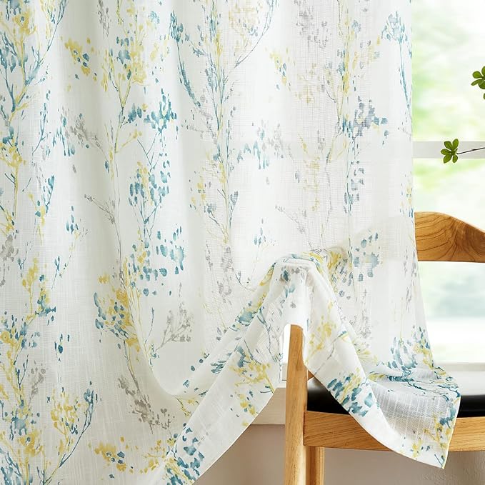 Tree Semi Sheer Curtains for Living Room Bedroom Teal Yellow and Grey Branch on - Image 3