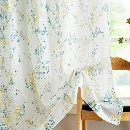 Tree Semi Sheer Curtains for Living Room Bedroom Teal Yellow and Grey Branch on - Image 3