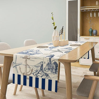 Vintage Nautical Sailboat Table Runner Summer Scallops Starfish Ligthouse - Image 2