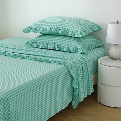 2 Pack Spa Blue White Plaid Ruffle Gingham King Size Pillow Shams, 100% Washed - Image 3