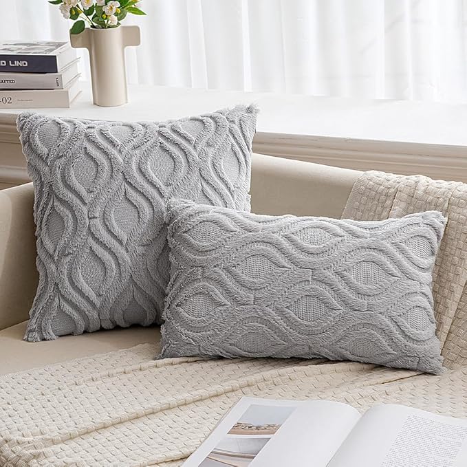 MIULEE Throw Pillow Covers 12x20 Inch Light Grey, Soft Winter Plush Faux Wool - Image 4