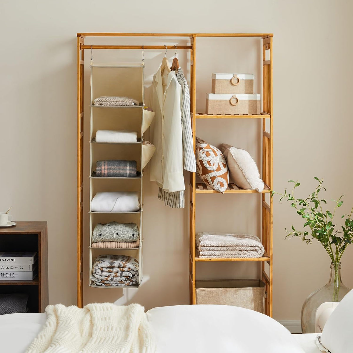 youdenova hanging closet organizer and storage, 6-shelf, 2 shown in use