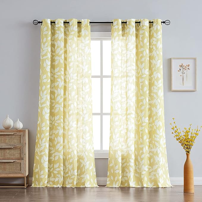 White and Yellow Leaf Curtains for Living Room 72" Length Print Semi-Sheer - Image 2