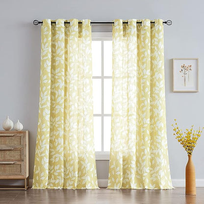 White and Yellow Leaf Curtains for Living Room 72" Length Print Semi-Sheer - Image 2