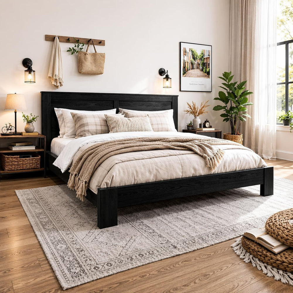Wooden Bed Frame King Size with Headboard, Farmhouse Platform Bed